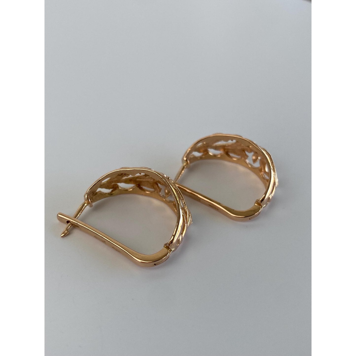 Vintage Solid 14k Rose Gold Floral Half Hoop Earrings