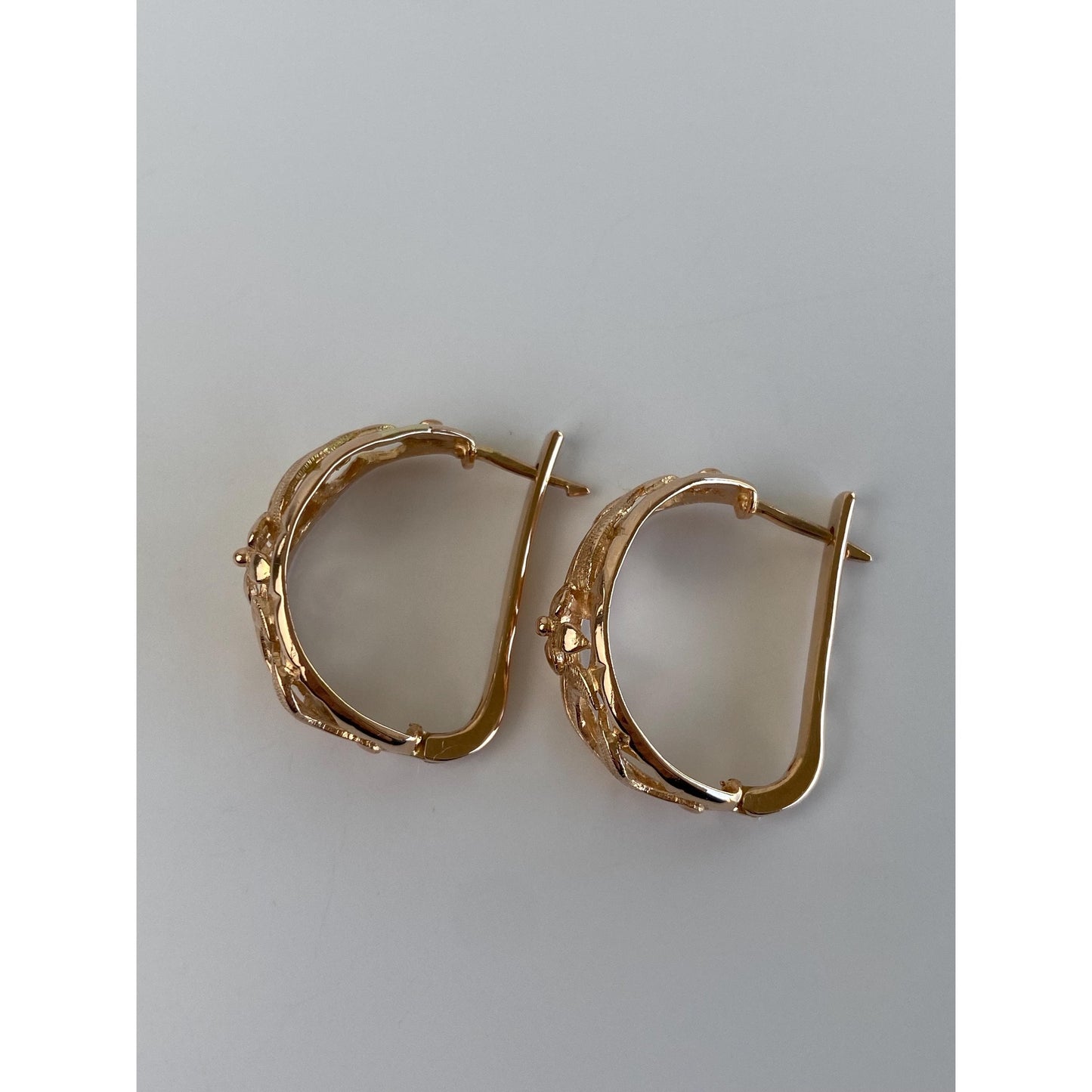 Vintage Solid 14k Rose Gold Floral Half Hoop Earrings