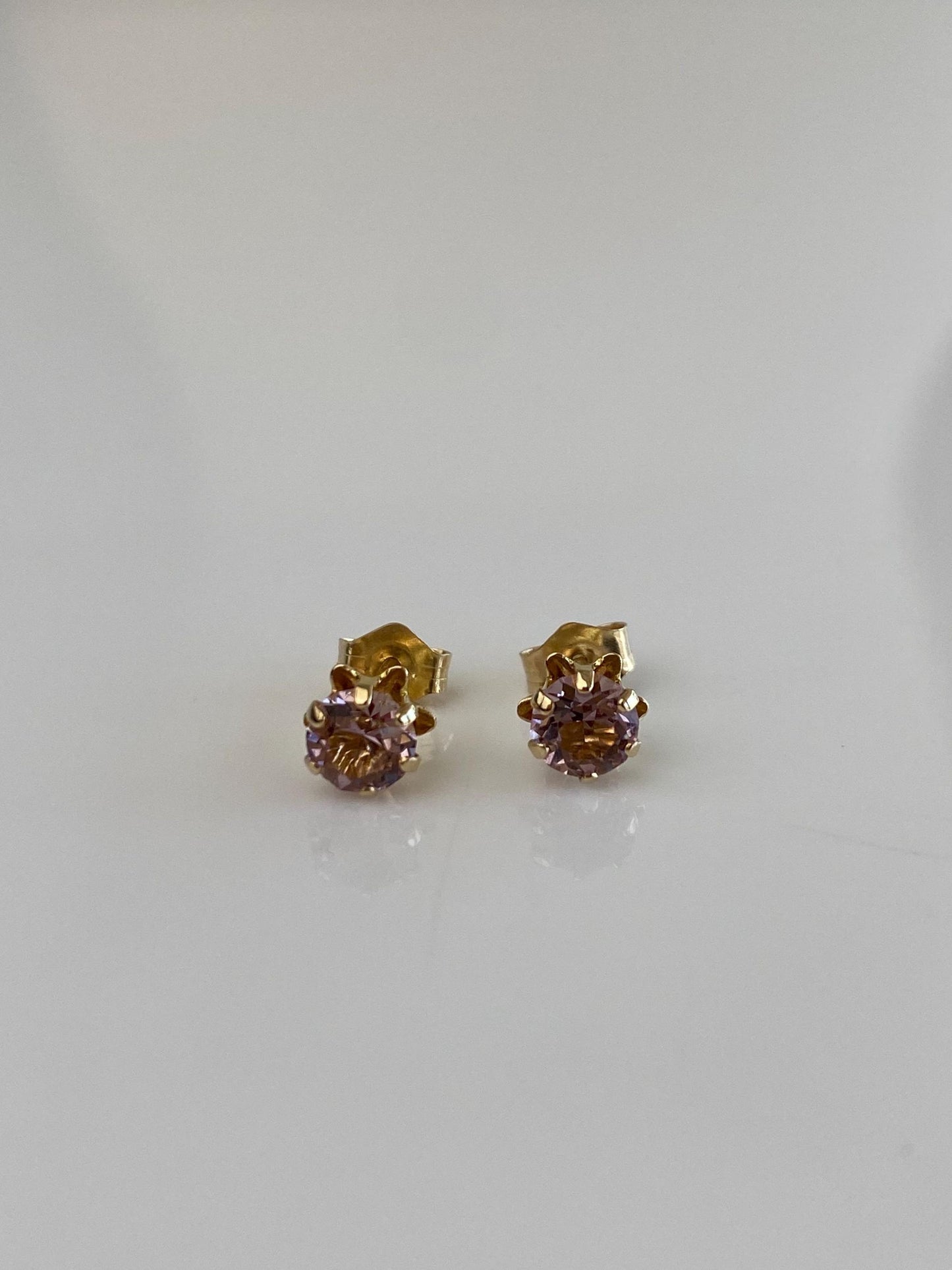 Vintage Solid 14k Yellow Gold Light Pink Cubic Zirconia Stud Earrings