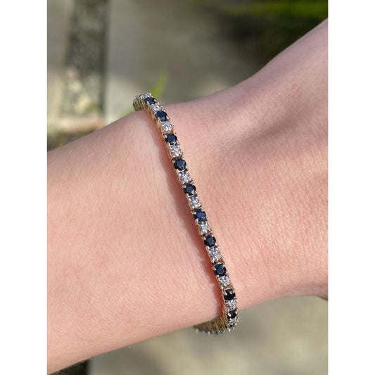 Solid 14k White & Yellow Gold Blue Sapphire Diamond Tennis Bracelet - 7.25 inches