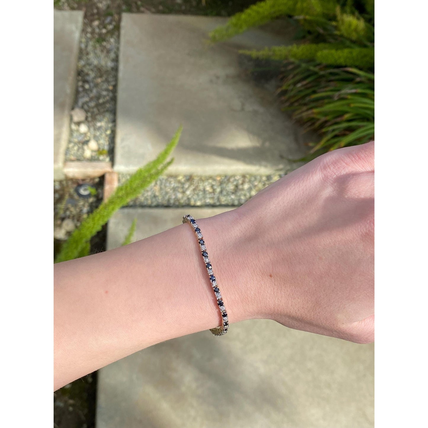 Solid 14k White & Yellow Gold Blue Sapphire Diamond Tennis Bracelet - 7.25 inches