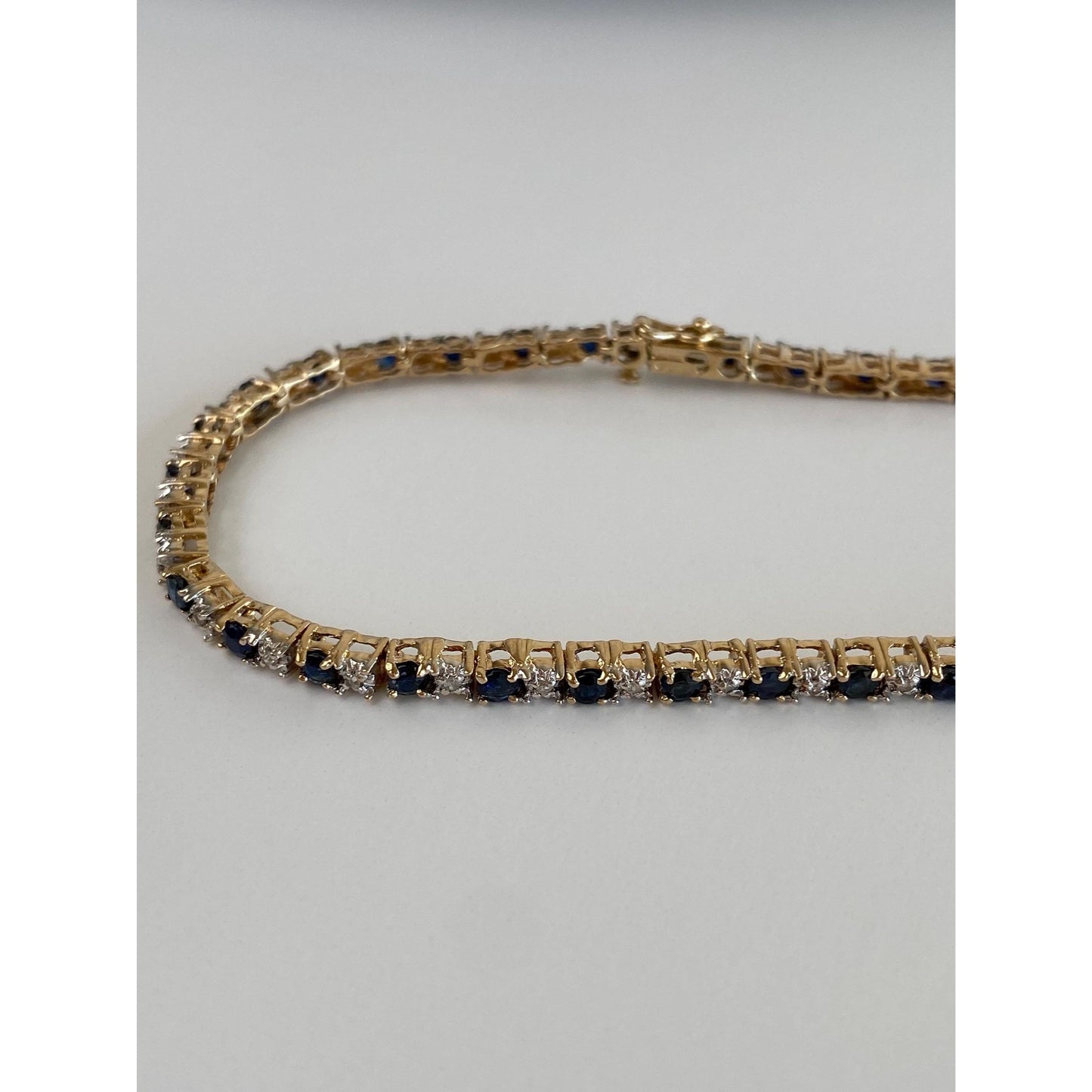 Solid 14k White & Yellow Gold Blue Sapphire Diamond Tennis Bracelet - 7.25 inches