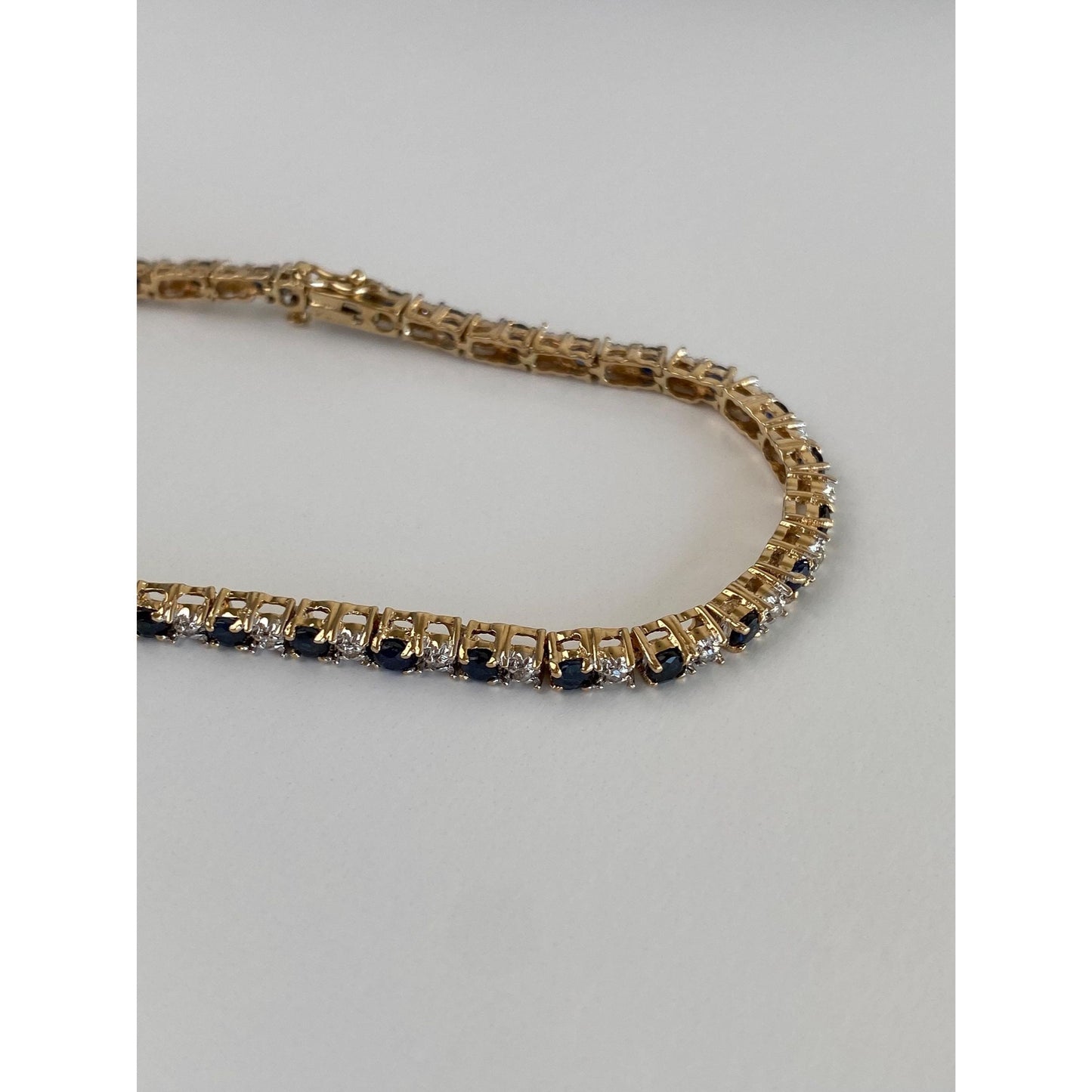 Solid 14k White & Yellow Gold Blue Sapphire Diamond Tennis Bracelet - 7.25 inches