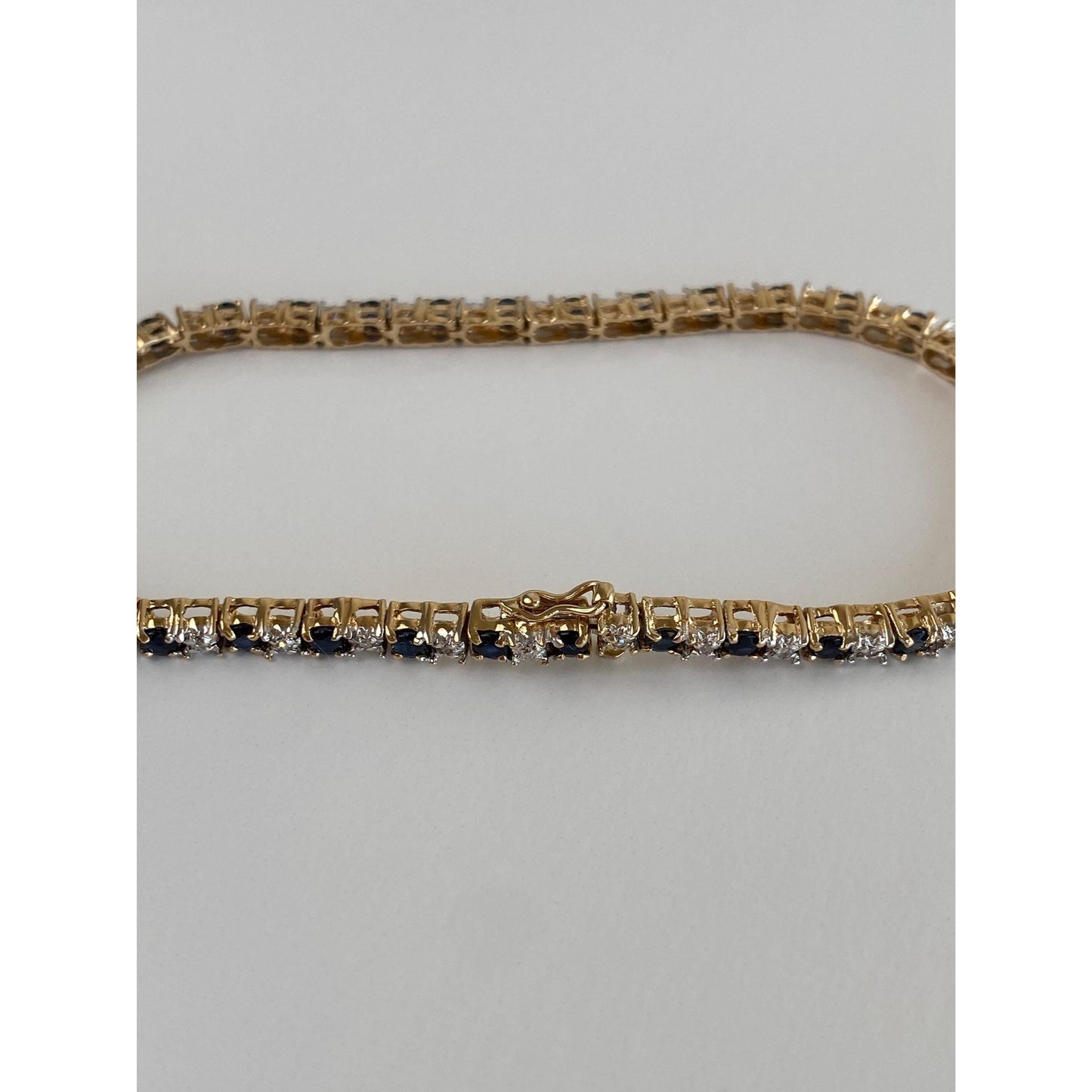 Solid 14k White & Yellow Gold Blue Sapphire Diamond Tennis Bracelet - 7.25 inches