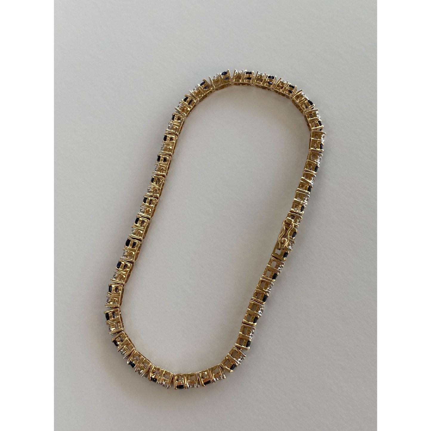 Solid 14k White & Yellow Gold Blue Sapphire Diamond Tennis Bracelet - 7.25 inches