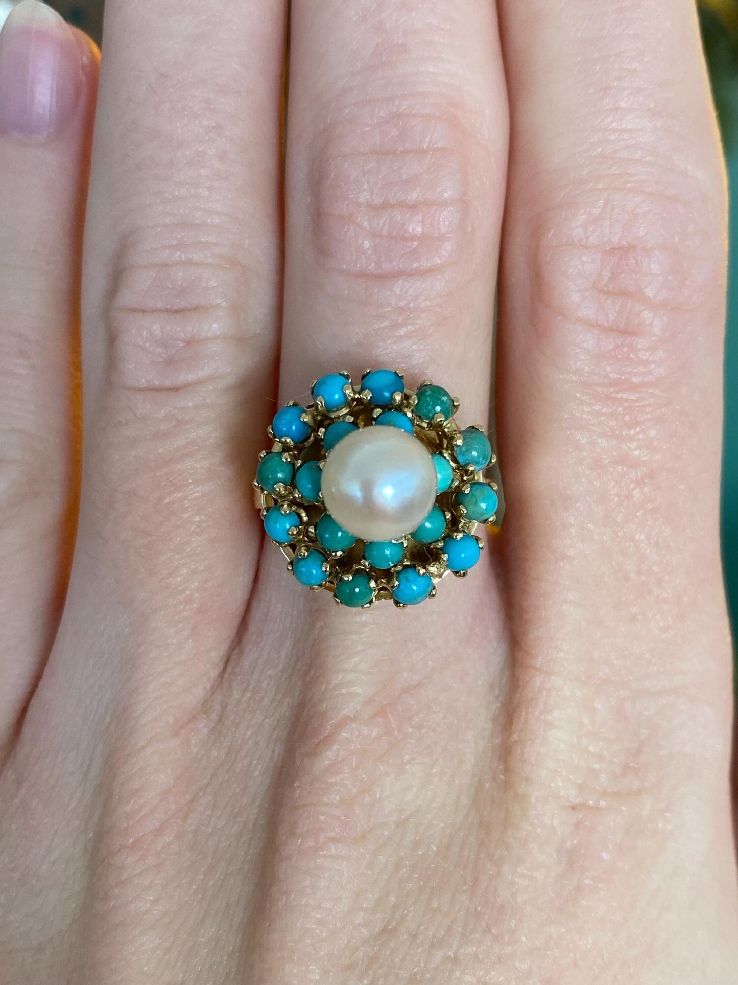 Vintage Solid 18k Yellow Gold Pearl Turquoise Halo Ring - Size 6.75