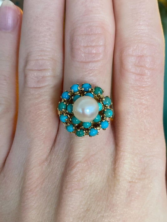 Vintage Solid 18k Yellow Gold Pearl Turquoise Halo Ring - Size 6.75