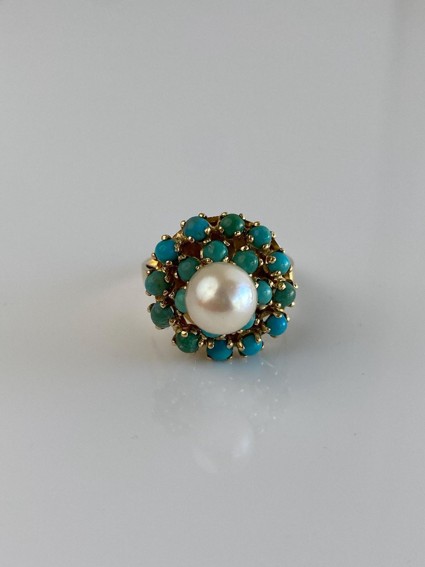 Vintage Solid 18k Yellow Gold Pearl Turquoise Halo Ring - Size 6.75