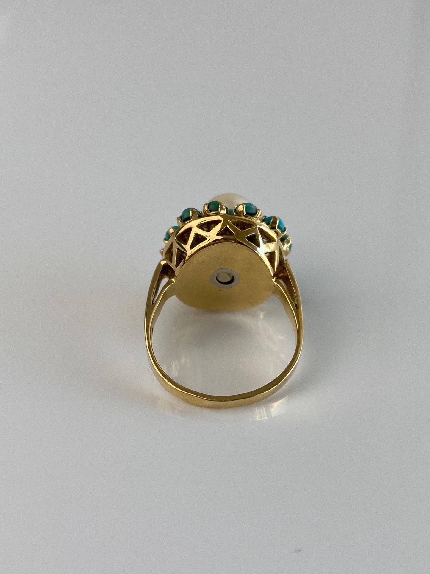 Vintage Solid 18k Yellow Gold Pearl Turquoise Halo Ring - Size 6.75