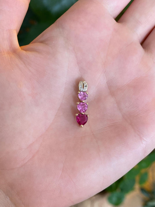 Vintage Solid 10k Yellow Gold Clear & Pink Sapphire Hearts Charm