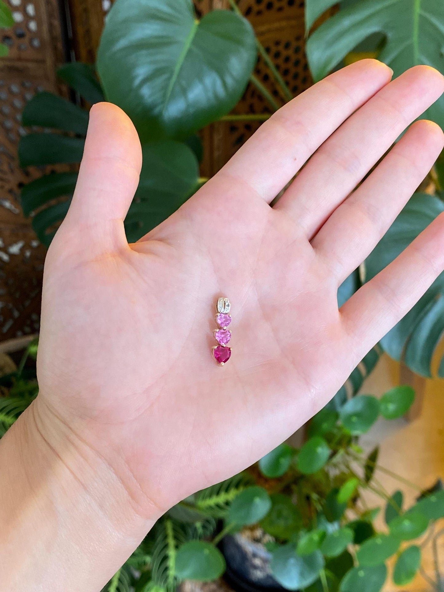Vintage Solid 10k Yellow Gold Clear & Pink Sapphire Hearts Charm