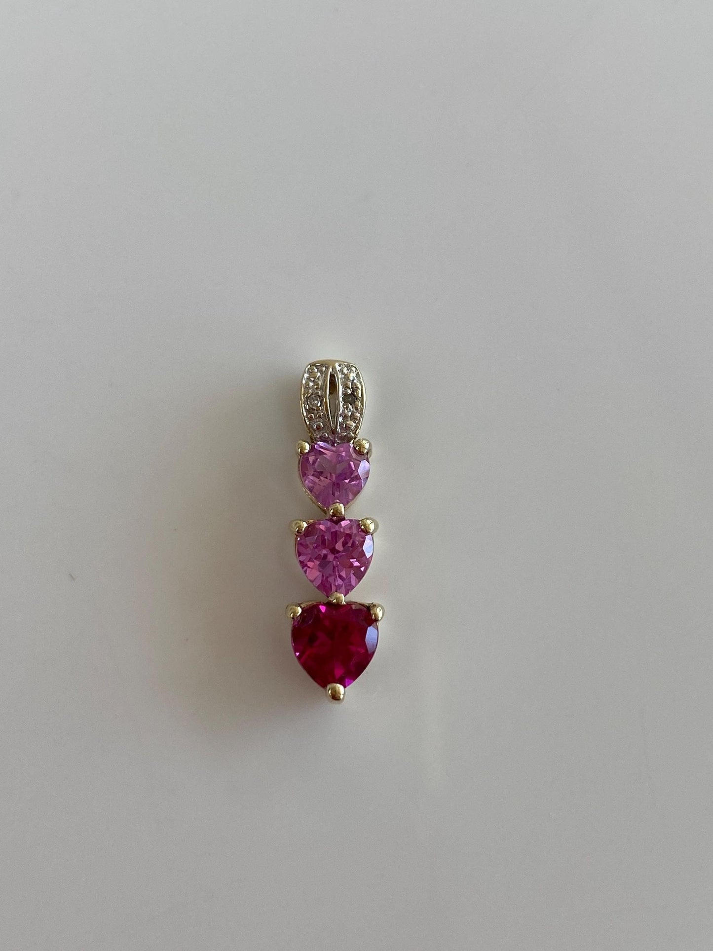 Vintage Solid 10k Yellow Gold Clear & Pink Sapphire Hearts Charm