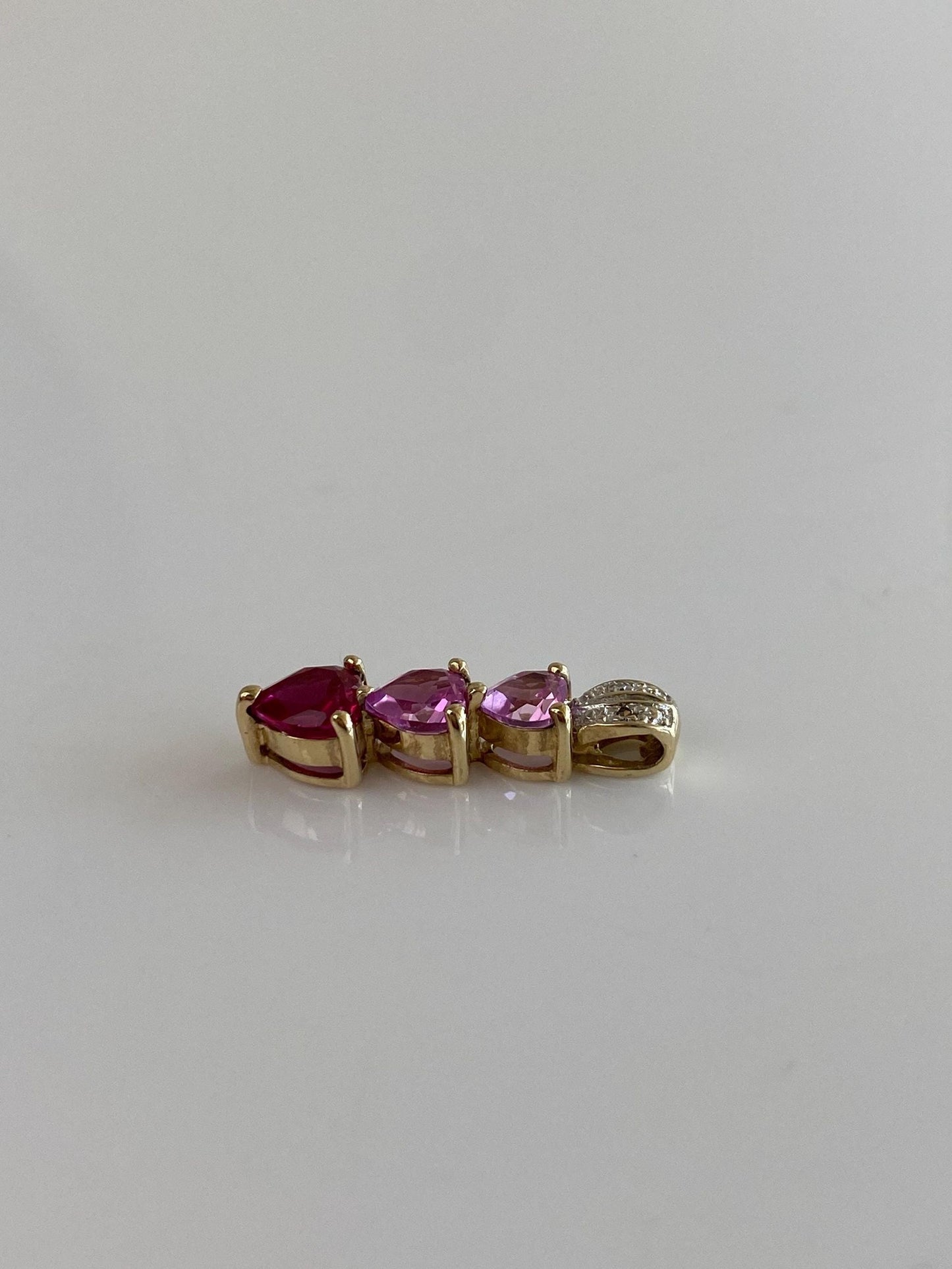 Vintage Solid 10k Yellow Gold Clear & Pink Sapphire Hearts Charm