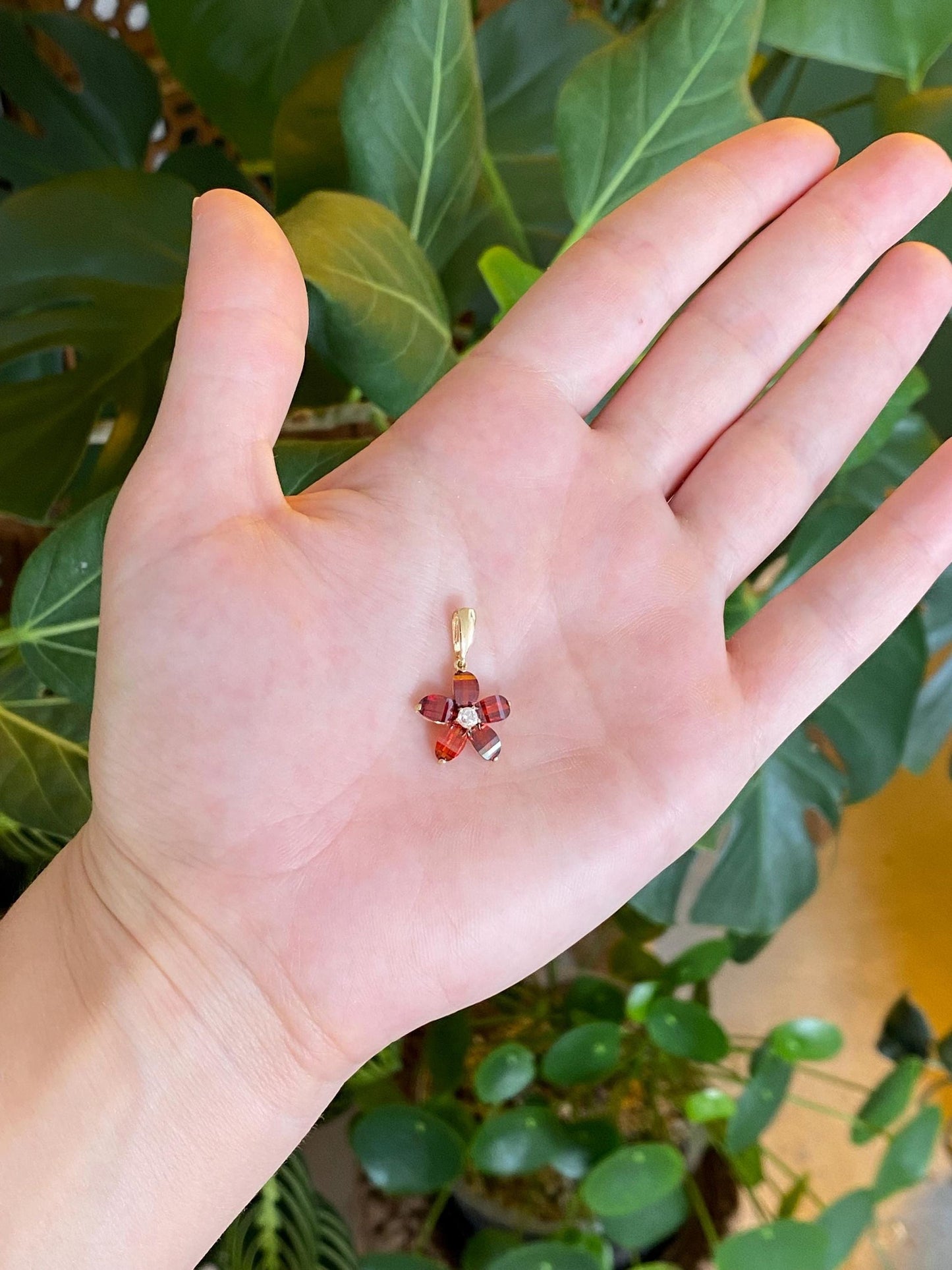 Vintage Solid 14k Yellow Gold Clear & Fancy Cut Red Cubic Zirconia Flower Charm