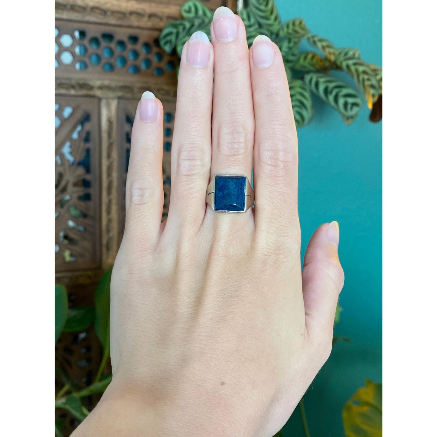 Solid 14k White Gold Blue Lapis Lazuli Signet Ring - Size 8