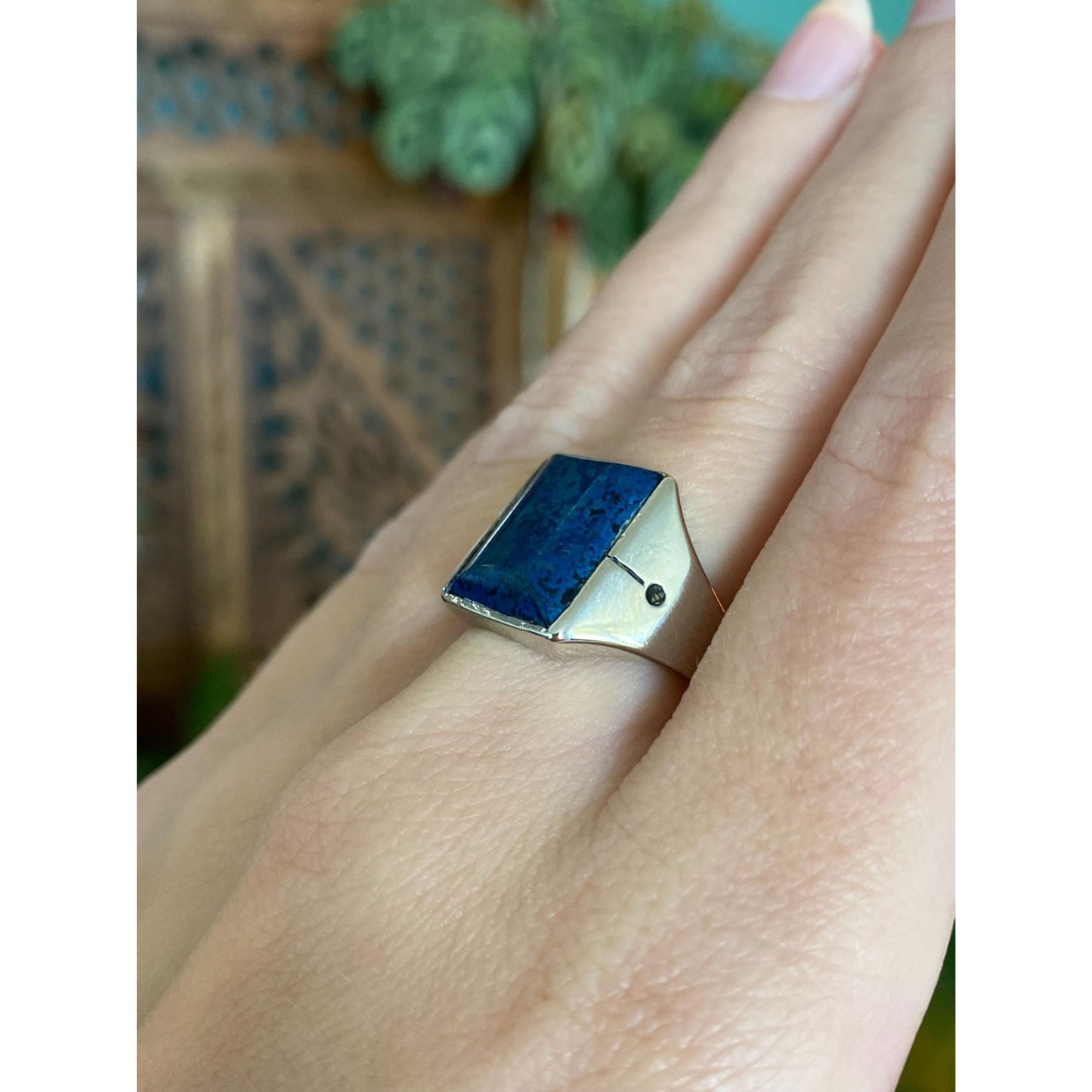 Solid 14k White Gold Blue Lapis Lazuli Signet Ring - Size 8