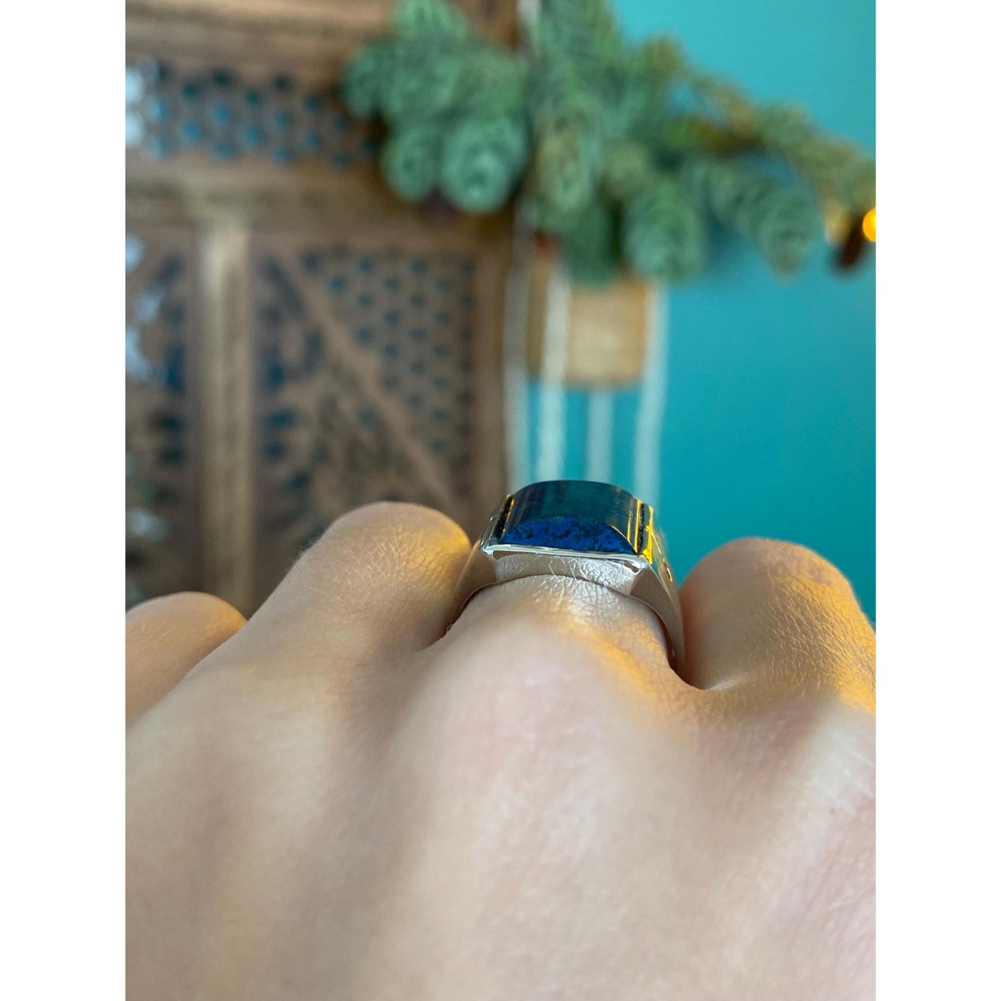 Solid 14k White Gold Blue Lapis Lazuli Signet Ring - Size 8