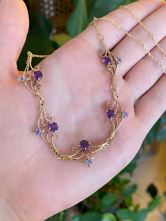 Vintage Solid 14k Rosey Gold Tanzanite Amethyst Scrollwork Chain Necklace - 17 inches