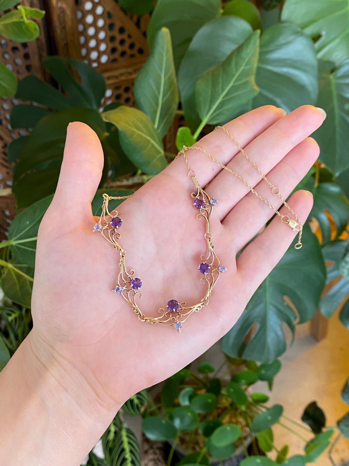 Vintage Solid 14k Rosey Gold Tanzanite Amethyst Scrollwork Chain Necklace - 17 inches