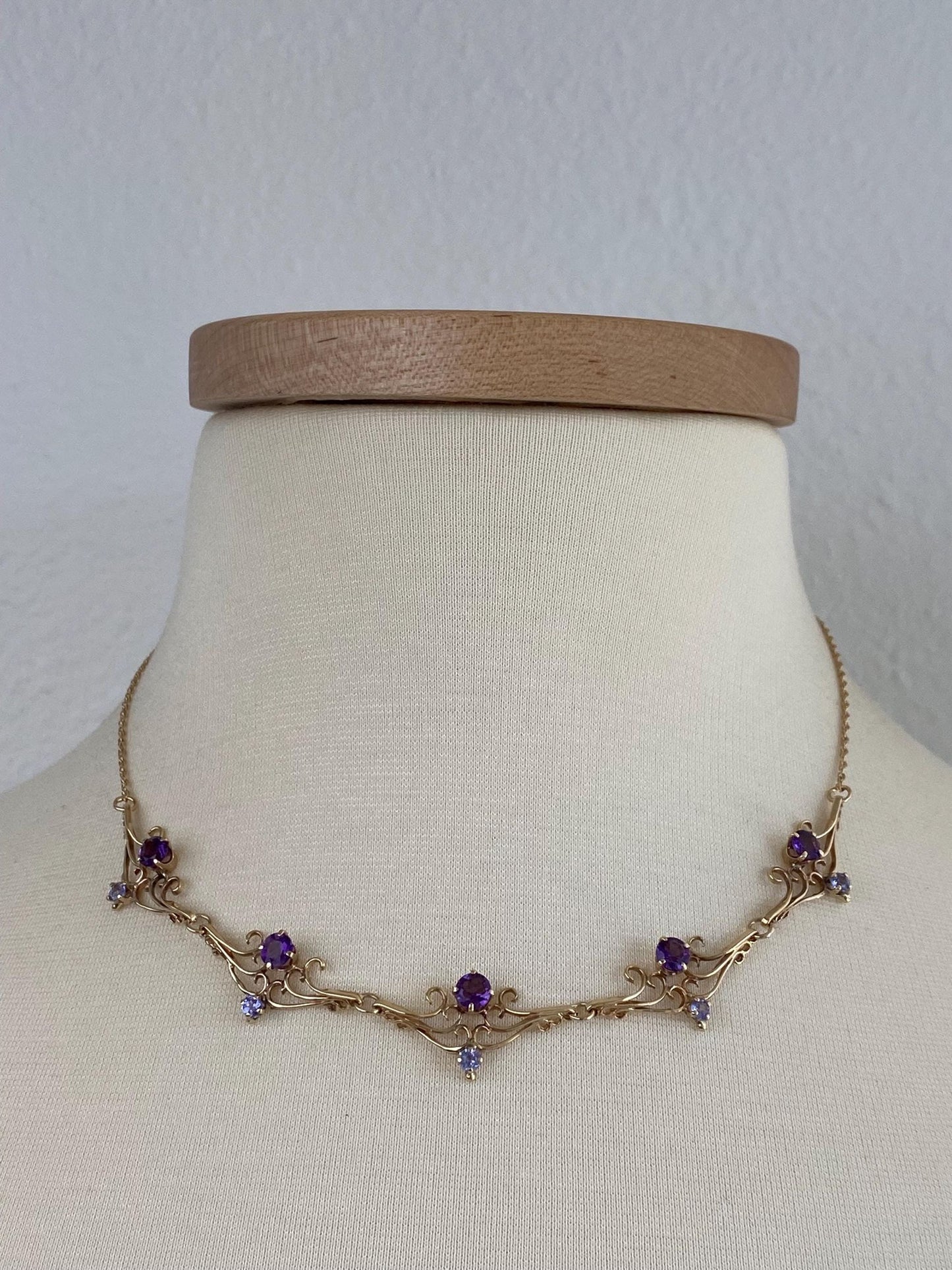 Vintage Solid 14k Rosey Gold Tanzanite Amethyst Scrollwork Chain Necklace - 17 inches