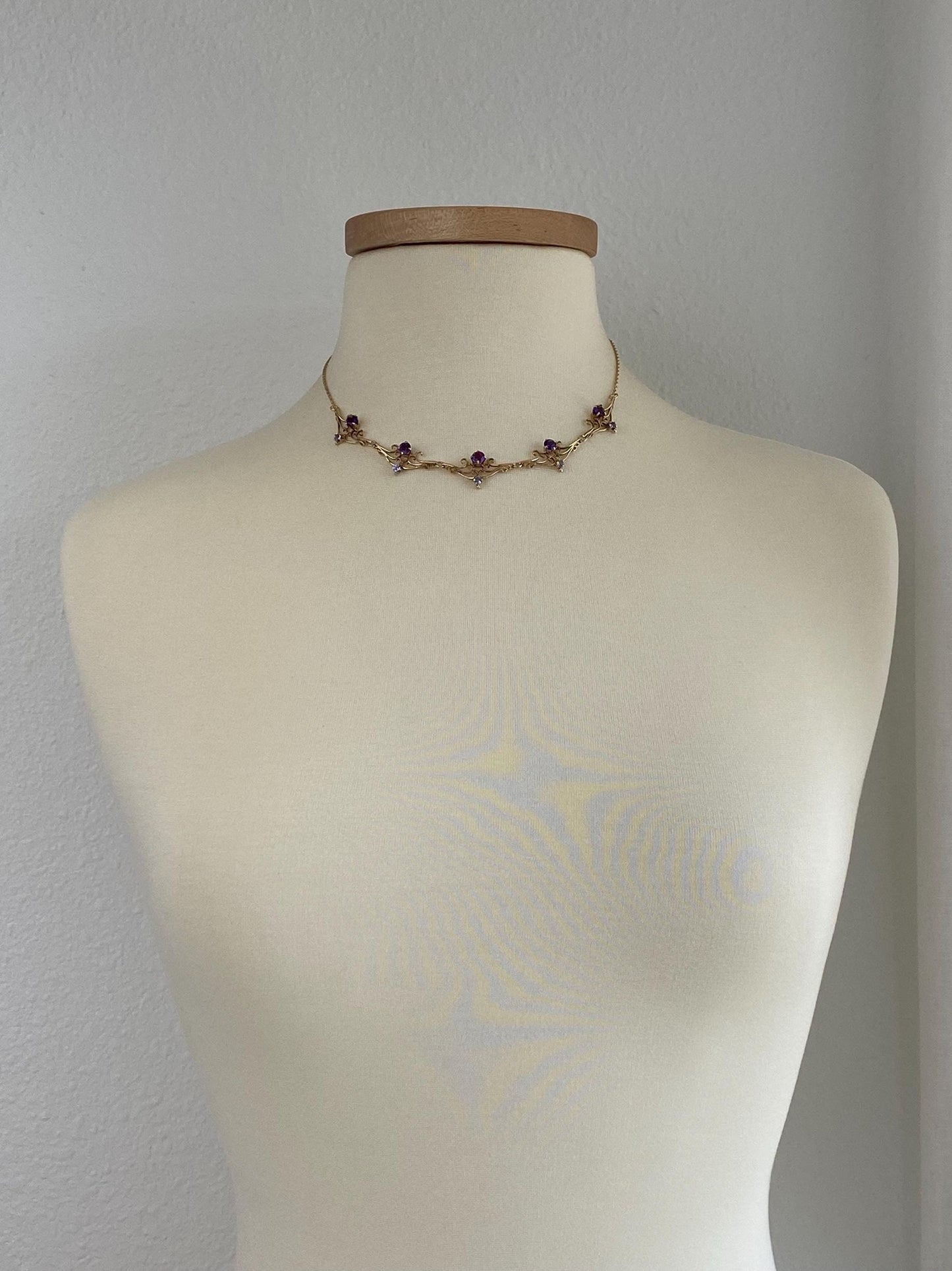 Vintage Solid 14k Rosey Gold Tanzanite Amethyst Scrollwork Chain Necklace - 17 inches