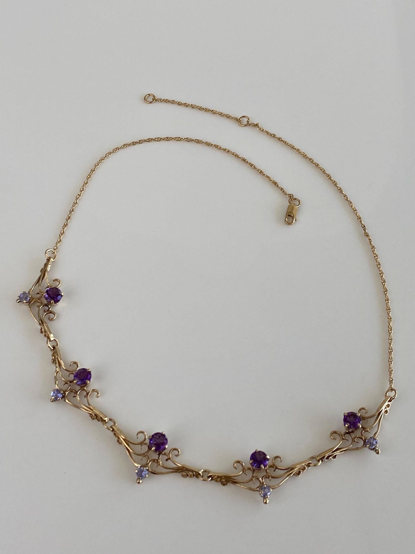 Vintage Solid 14k Rosey Gold Tanzanite Amethyst Scrollwork Chain Necklace - 17 inches