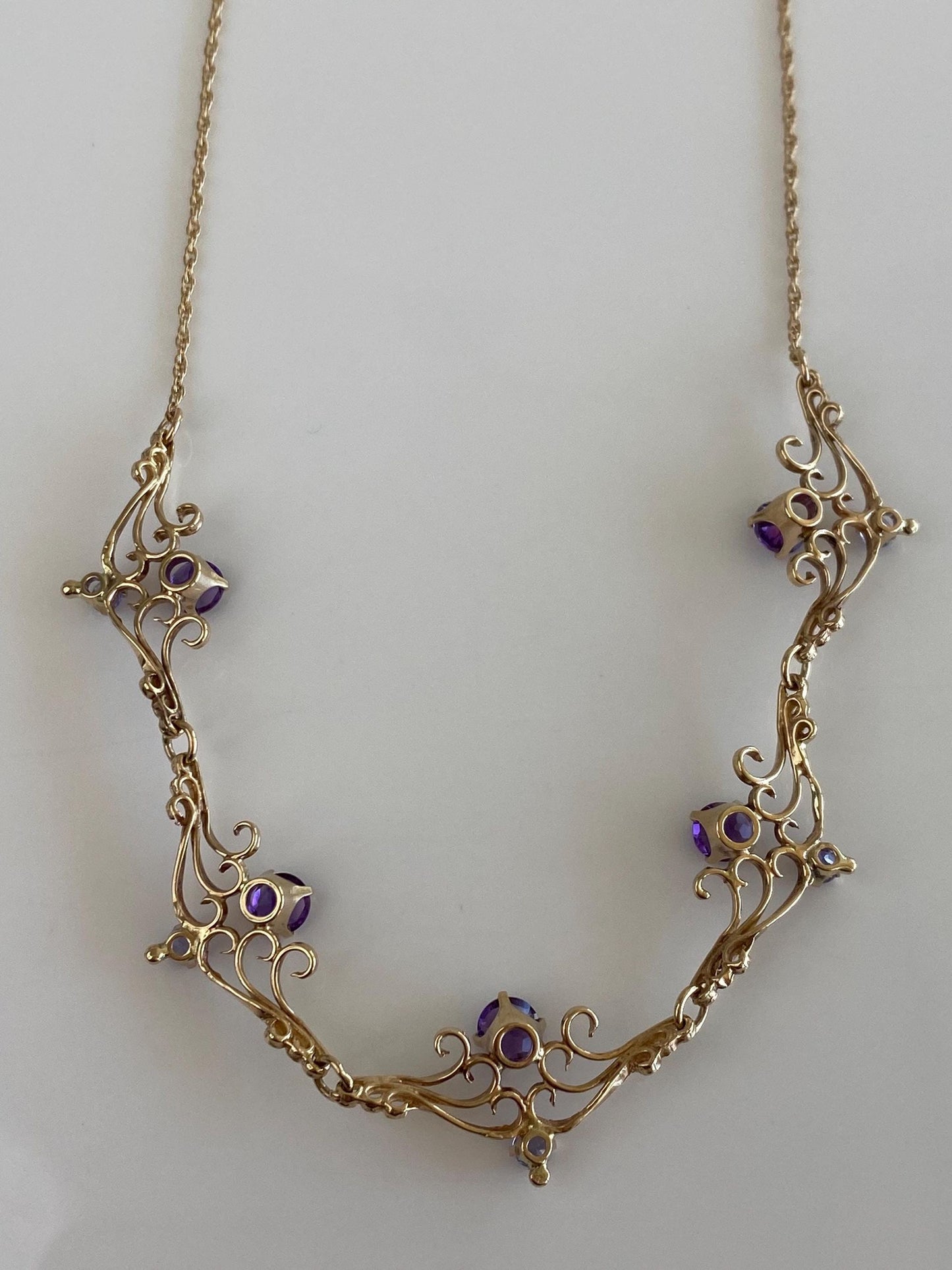 Vintage Solid 14k Rosey Gold Tanzanite Amethyst Scrollwork Chain Necklace - 17 inches