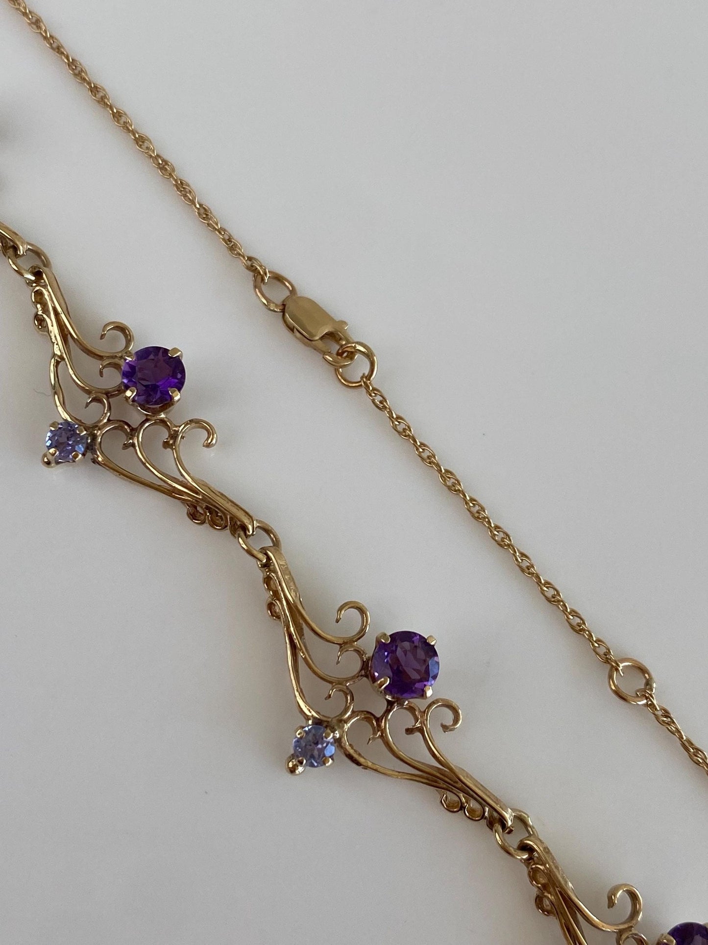 Vintage Solid 14k Rosey Gold Tanzanite Amethyst Scrollwork Chain Necklace - 17 inches