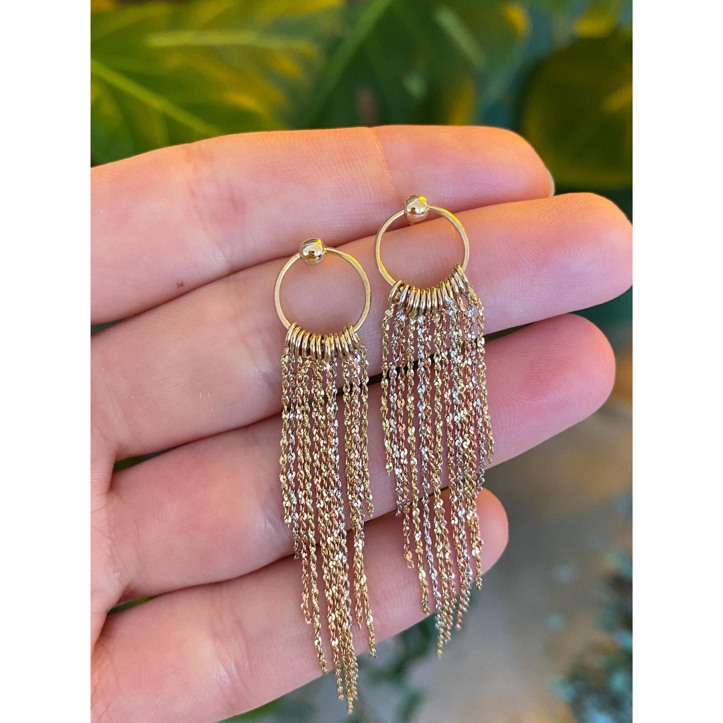 Vintage Solid 14k Tri Tone Gold Fringe Dangle Stud Earrings