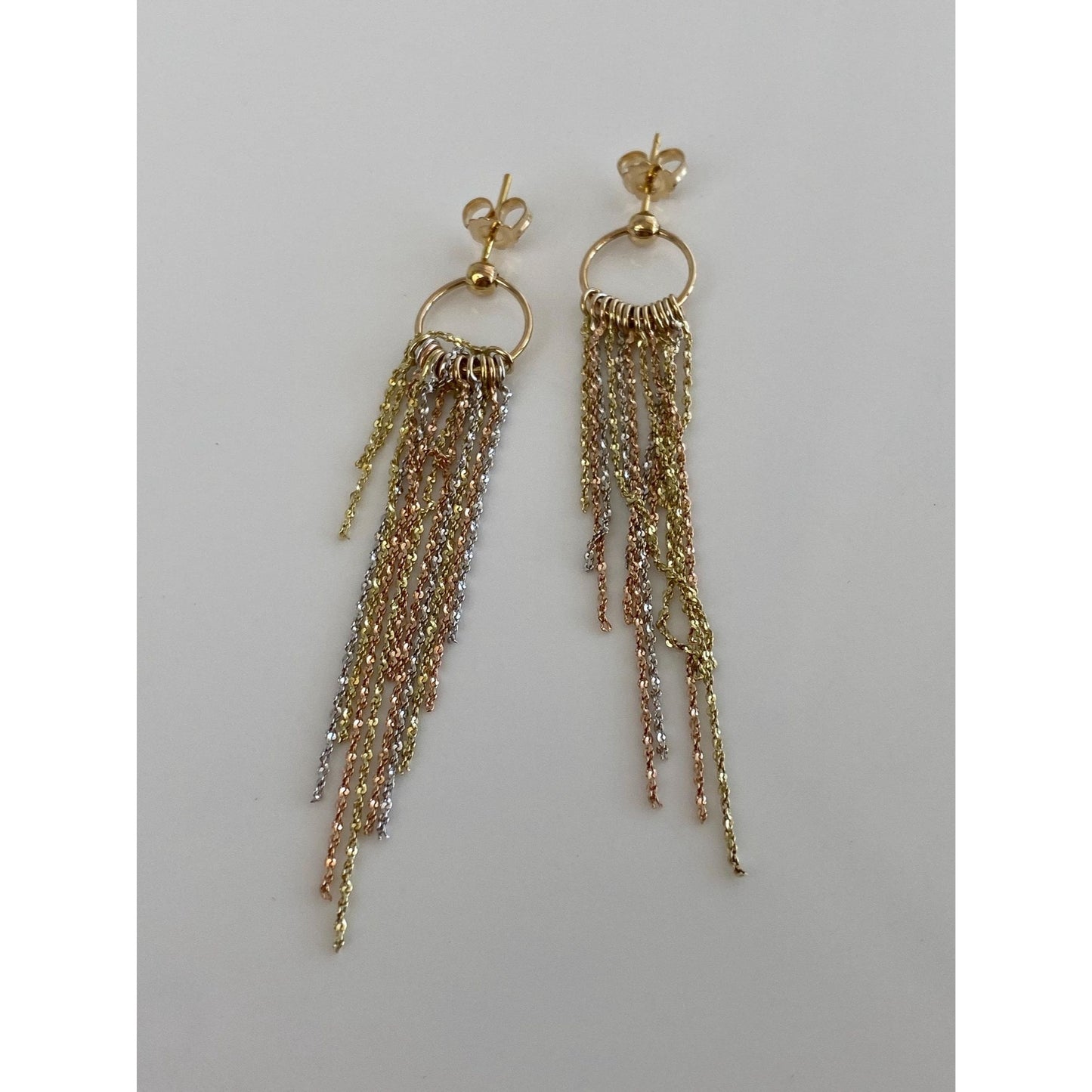 Vintage Solid 14k Tri Tone Gold Fringe Dangle Stud Earrings
