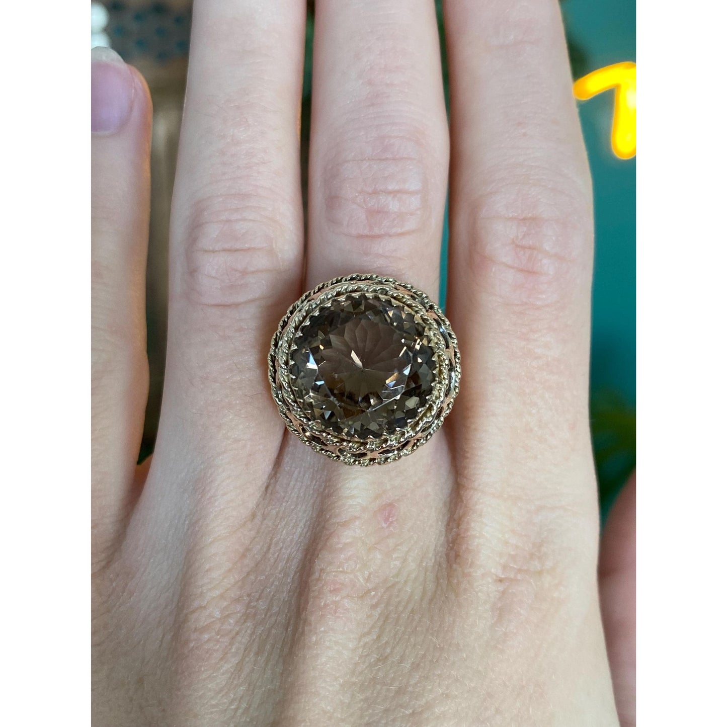 Vintage Solid 10k Yellow Gold Smokey Quartz Cocktail Ring - Size 6