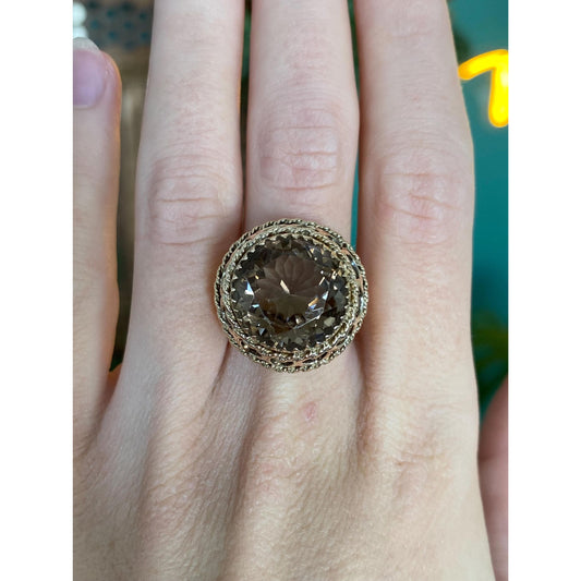 Vintage Solid 10k Yellow Gold Smokey Quartz Cocktail Ring - Size 6