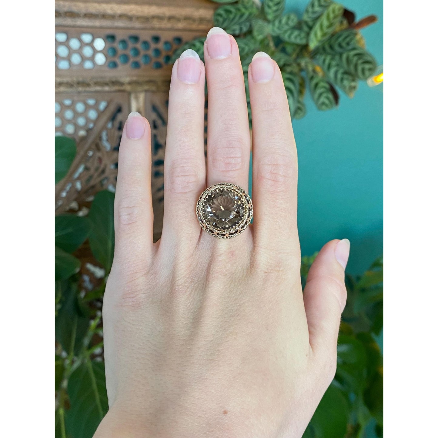 Vintage Solid 10k Yellow Gold Smokey Quartz Cocktail Ring - Size 6