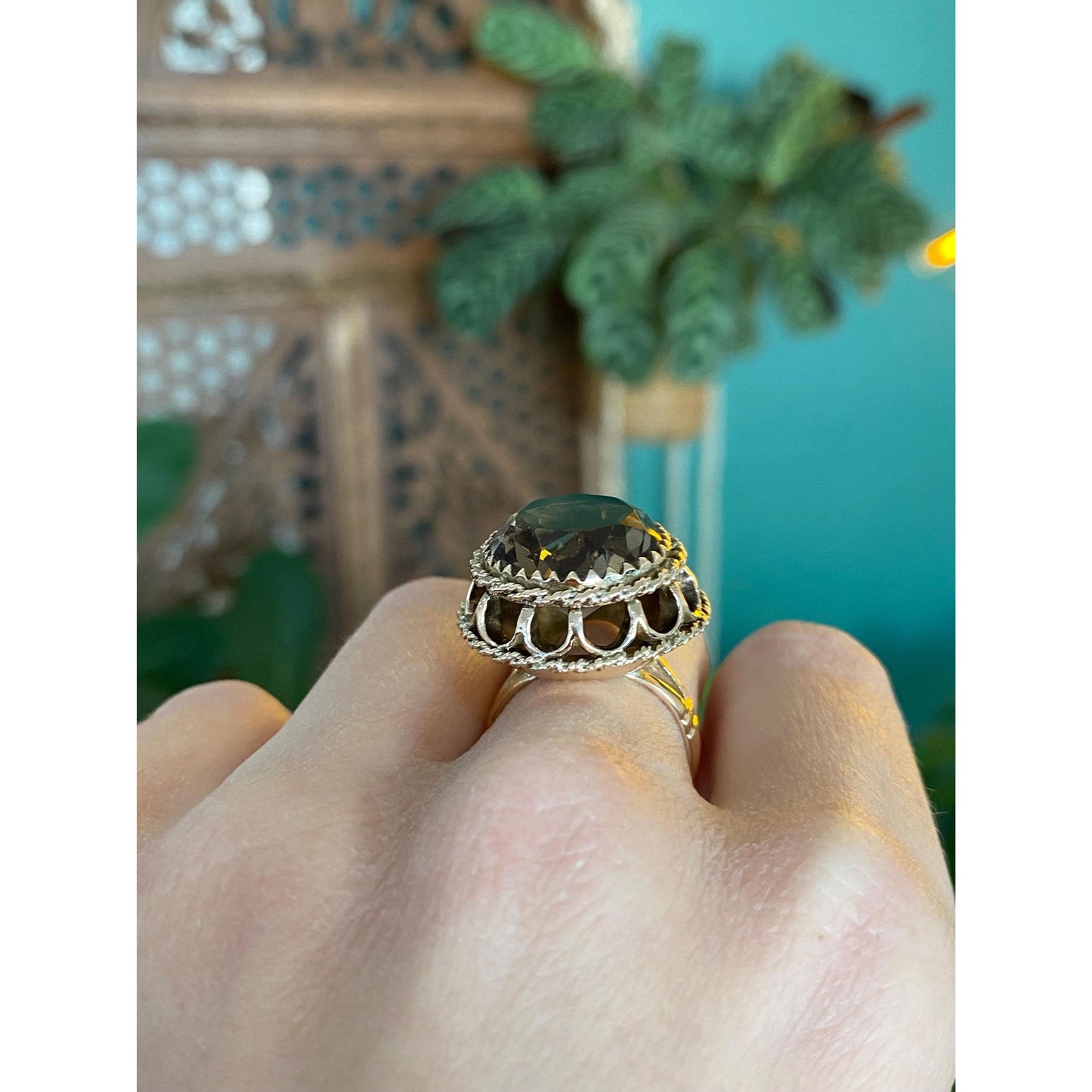 Vintage Solid 10k Yellow Gold Smokey Quartz Cocktail Ring - Size 6