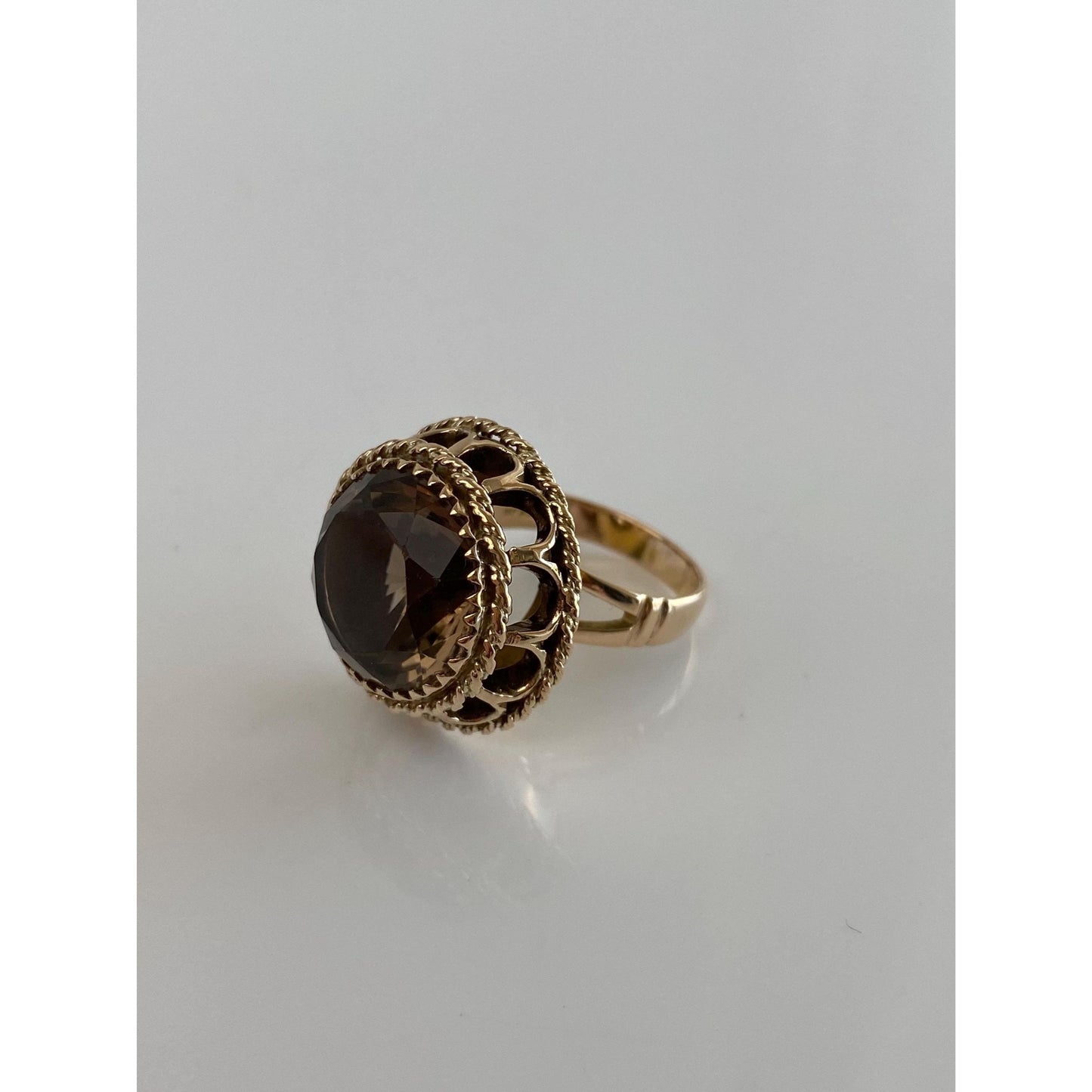 Vintage Solid 10k Yellow Gold Smokey Quartz Cocktail Ring - Size 6