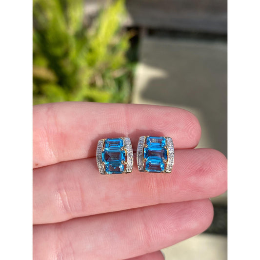 Vintage Solid 14k Yellow Gold Topaz Diamond Stud Earrings