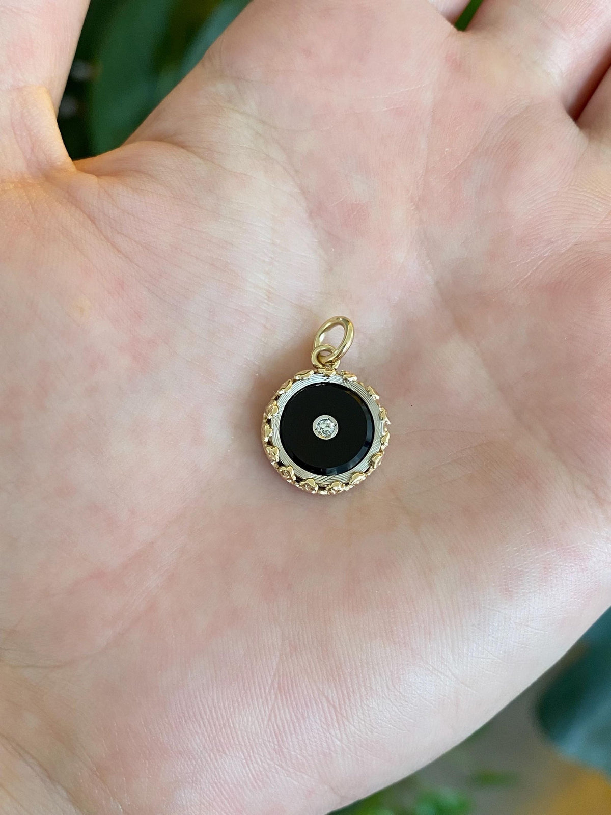 Vintage Solid 14k Yellow Gold & Platinum Diamond Onyx Charm