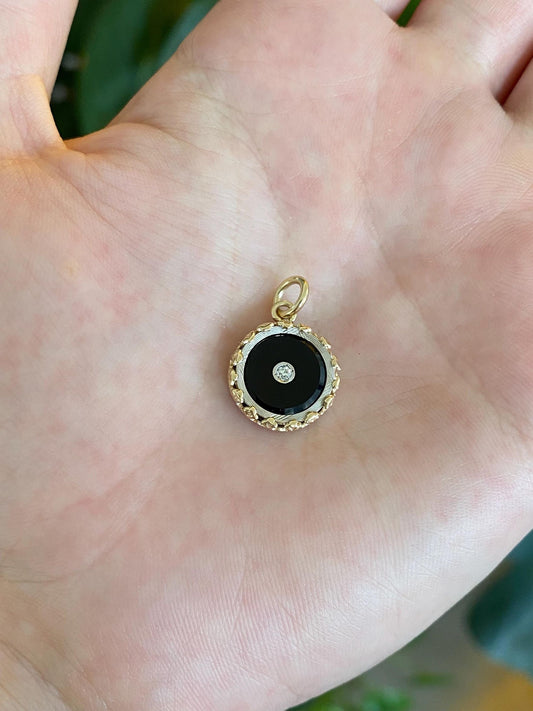 Vintage Solid 14k Yellow Gold & Platinum Diamond Onyx Charm