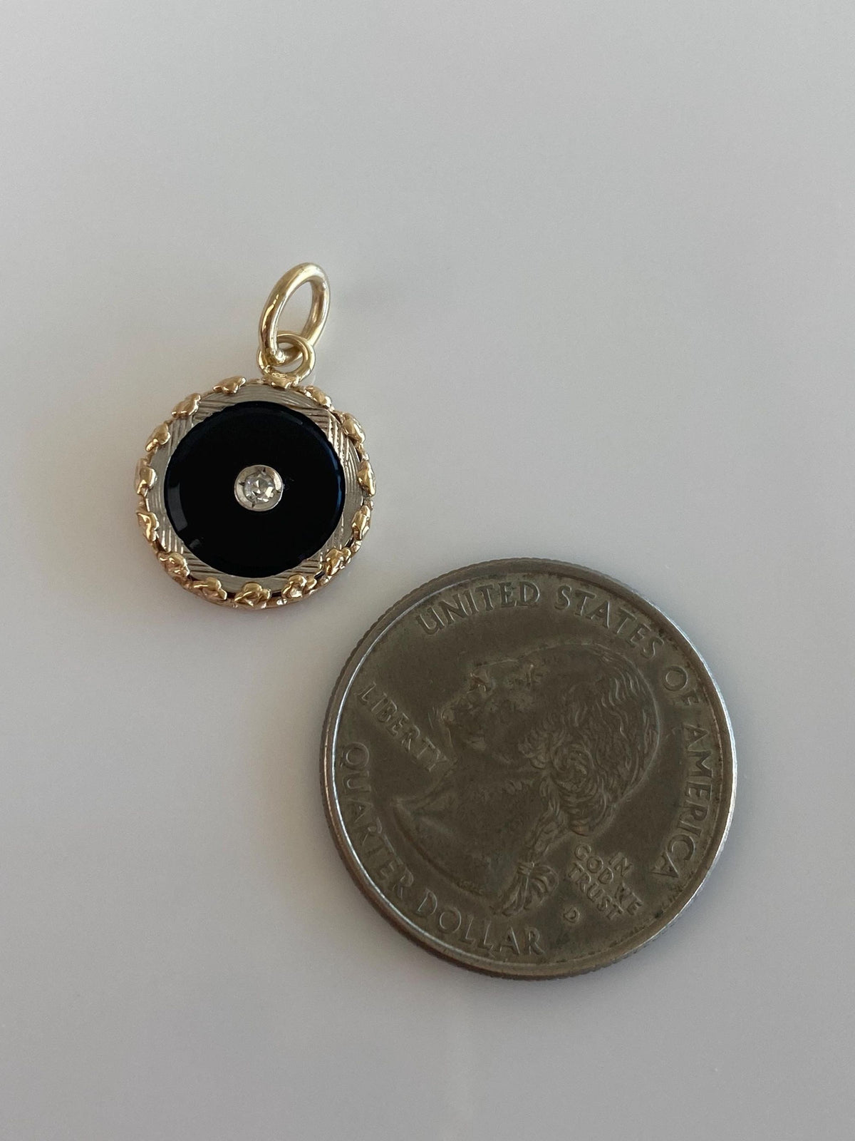Vintage Solid 14k Yellow Gold & Platinum Diamond Onyx Charm