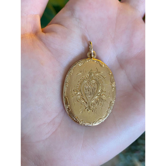 Vintage Solid 14k Yellow Gold Engraved Floral Locket Charm