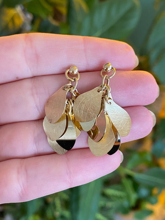 Vintage Solid 14k Yellow Gold Organic Shape Leaf Dangle Stud Earrings