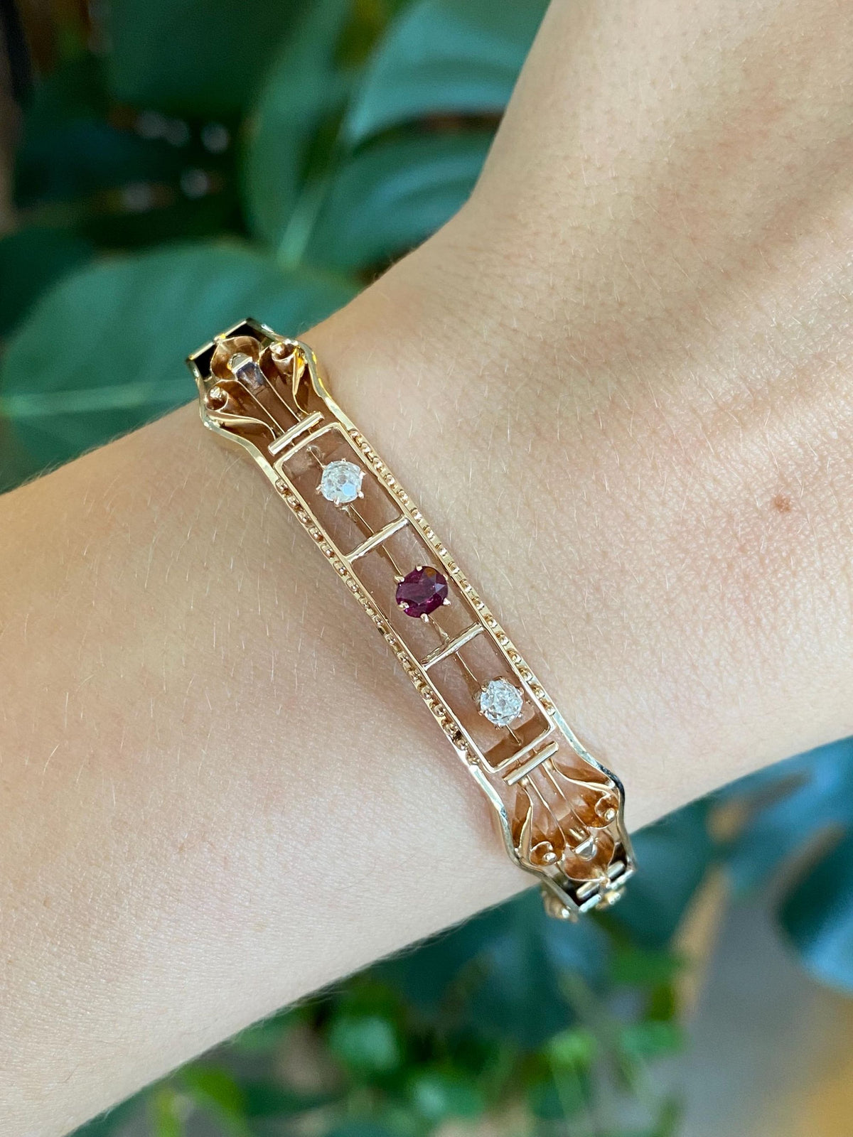 Vintage Solid 14k Yellow Gold Old Mine Cut Diamond Ruby Open Work Bangle Bracelet - 6 1/2 Inches