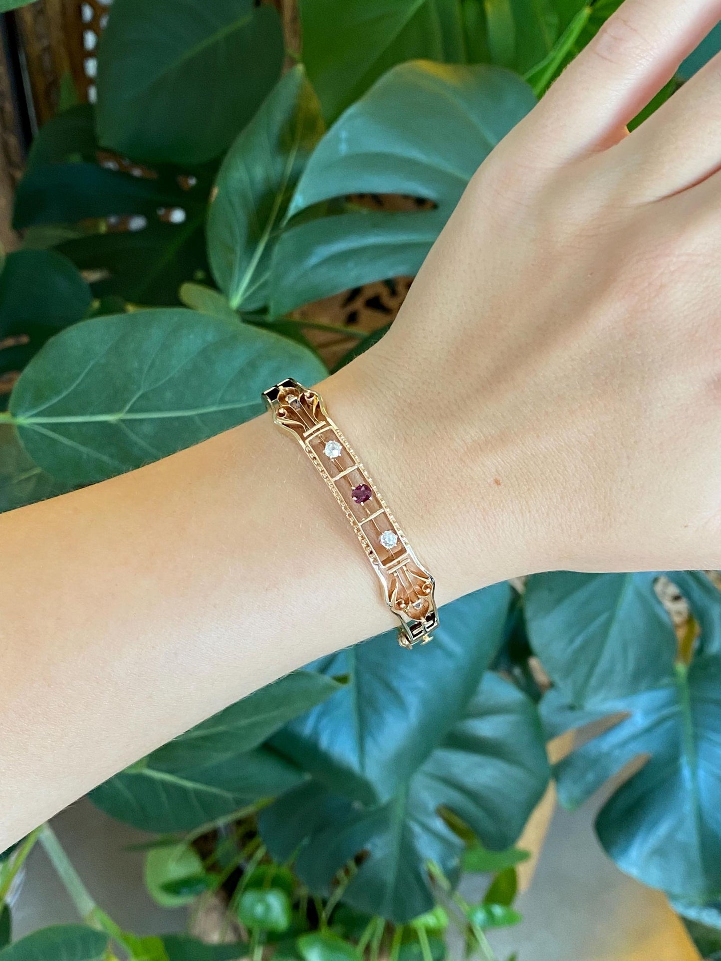 Vintage Solid 14k Yellow Gold Old Mine Cut Diamond Ruby Open Work Bangle Bracelet - 6 1/2 Inches
