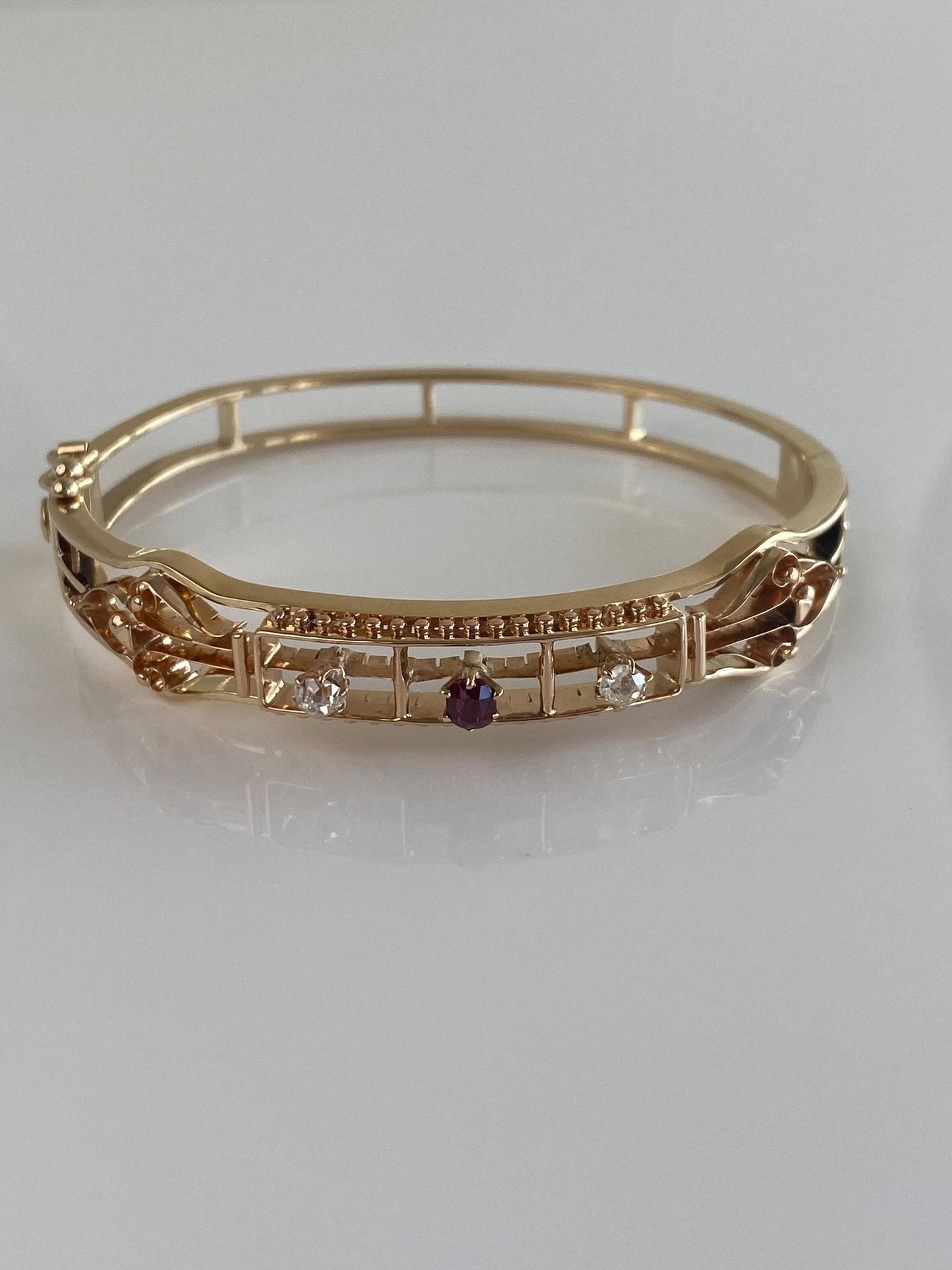 Vintage Solid 14k Yellow Gold Old Mine Cut Diamond Ruby Open Work Bangle Bracelet - 6 1/2 Inches