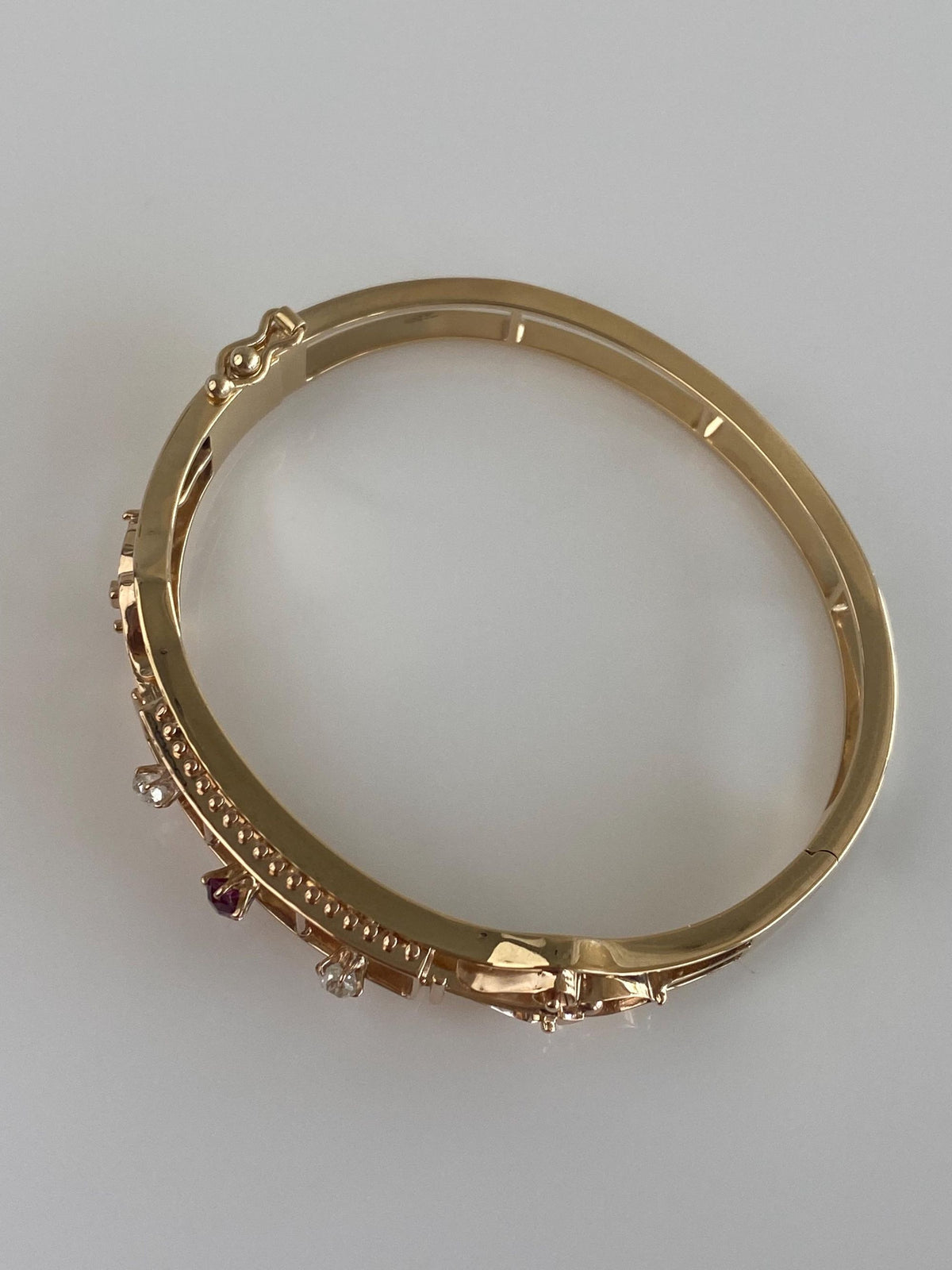Vintage Solid 14k Yellow Gold Old Mine Cut Diamond Ruby Open Work Bangle Bracelet - 6 1/2 Inches