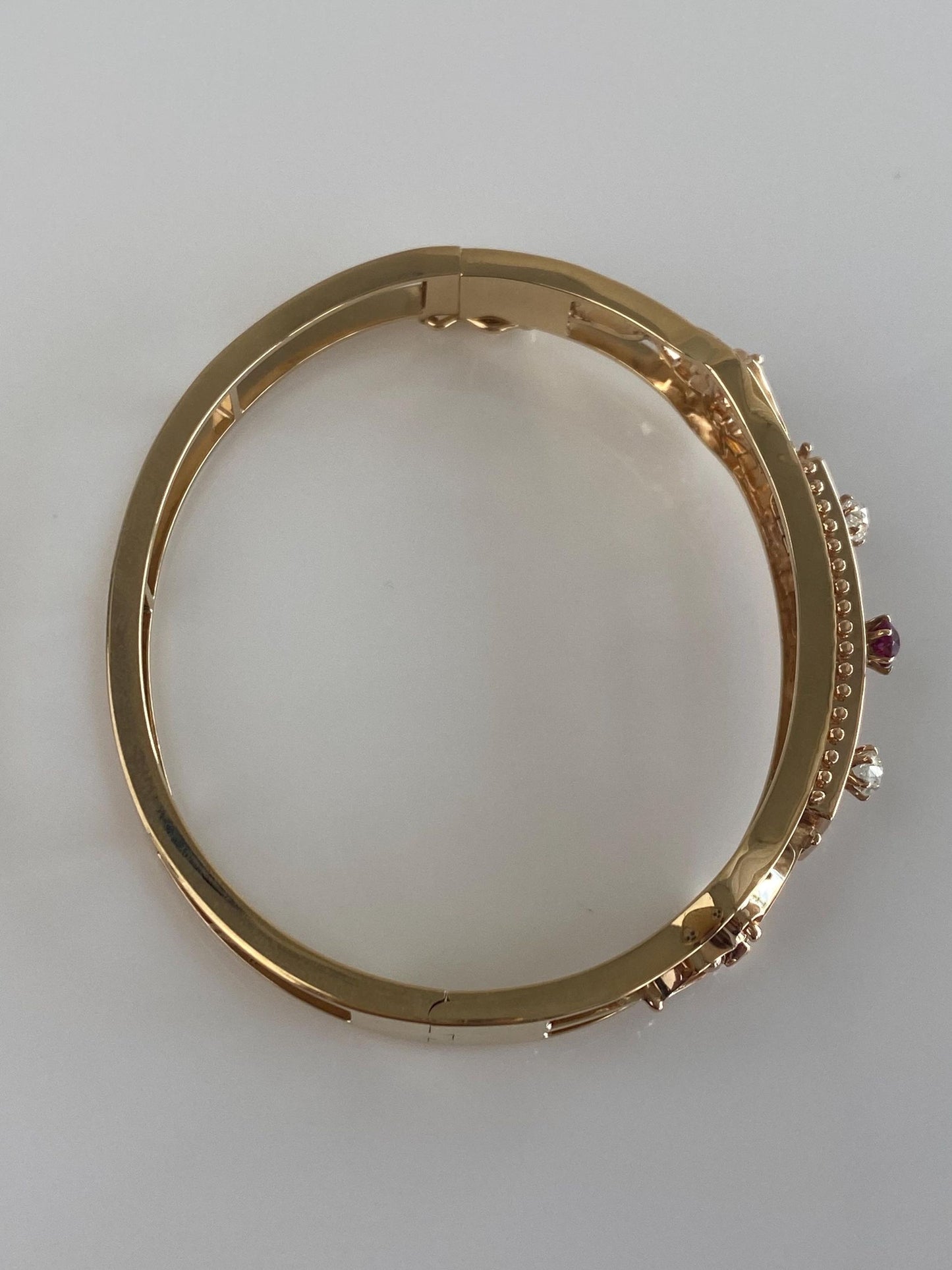 Vintage Solid 14k Yellow Gold Old Mine Cut Diamond Ruby Open Work Bangle Bracelet - 6 1/2 Inches