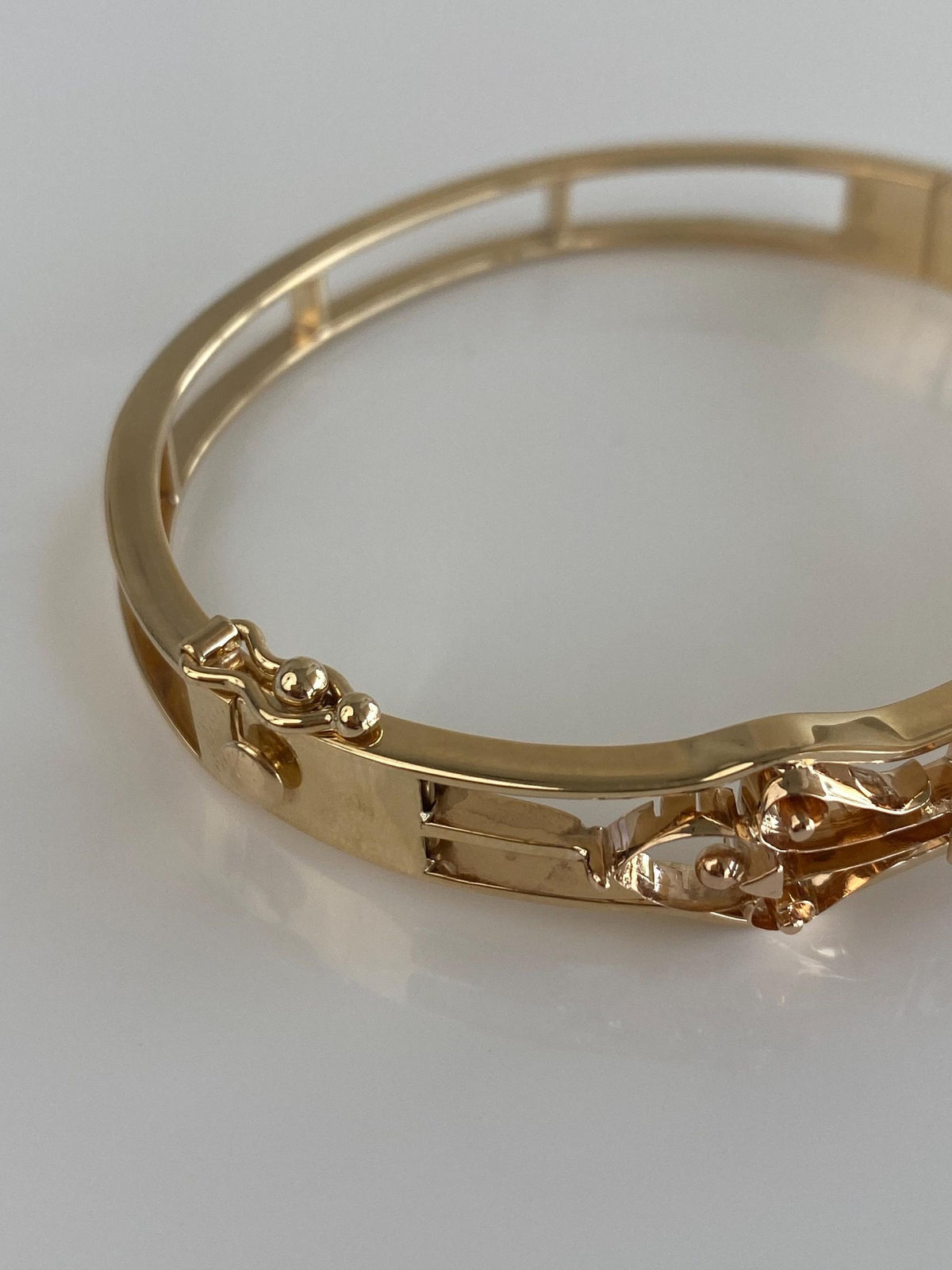 Vintage Solid 14k Yellow Gold Old Mine Cut Diamond Ruby Open Work Bangle Bracelet - 6 1/2 Inches