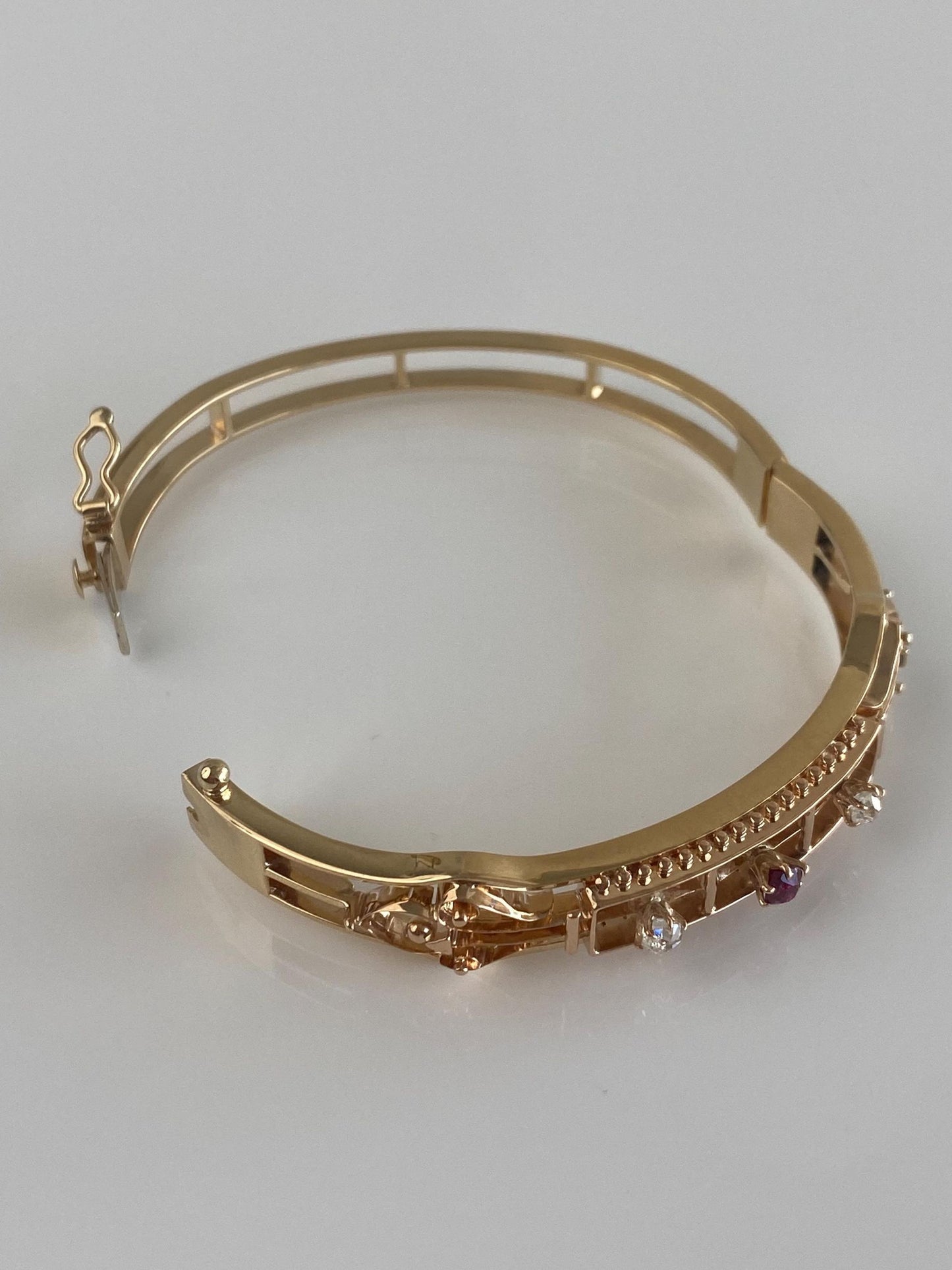 Vintage Solid 14k Yellow Gold Old Mine Cut Diamond Ruby Open Work Bangle Bracelet - 6 1/2 Inches
