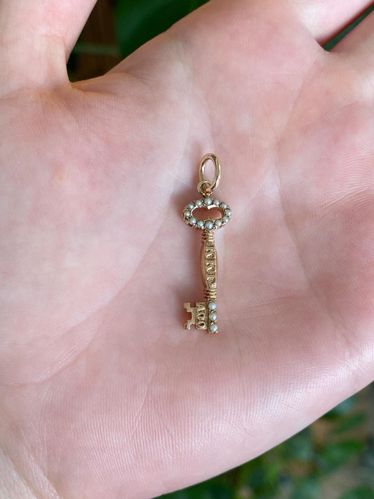 Vintage Solid 10k Yellow Gold Seed Pearls Key Charm