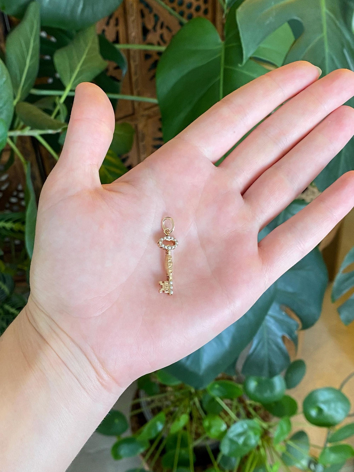 Vintage Solid 10k Yellow Gold Seed Pearls Key Charm